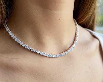 925 Silver Moonstone Tennis Necklace for Woman , June Birthstone Jewelry , Layered Choker Necklace , Rainbow Stone Necklace, Gift for Her