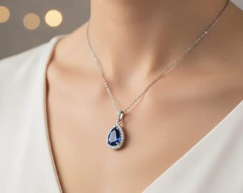 Blauer Saphir Tropfen Anhänger Halskette | Halo CZ Sterling Silber Halskette | Jubiläums- & Geburtstagsgeschenk