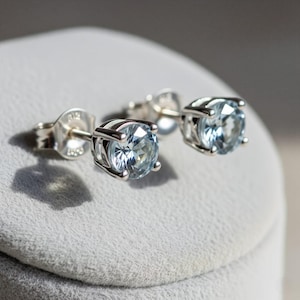 925 Sterling Silver Aquamarine Stud Earrings for Woman | March Birthstone Jewelry | Dainty Blue Gemstone Earrings | Minimalist Gift for Her