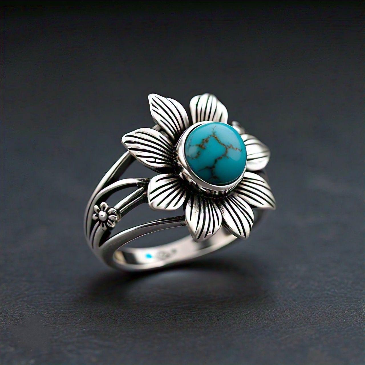 Daisy Flower Turquoise Ring: Handmade 925 Sterling Silver Bohemian