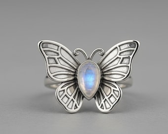 925 Sterling Silver Natural Moonstone Butterfly Ring for Woman
