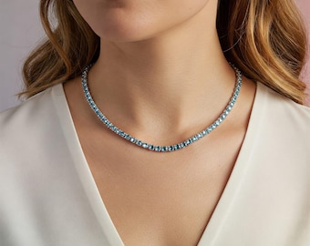 925 Silver Aquamarine Tennis Necklace for Woman, March Birthstone Jewelry, Layered Choker Necklace, Aqua Stone Necklace, Dainty Gift for Her