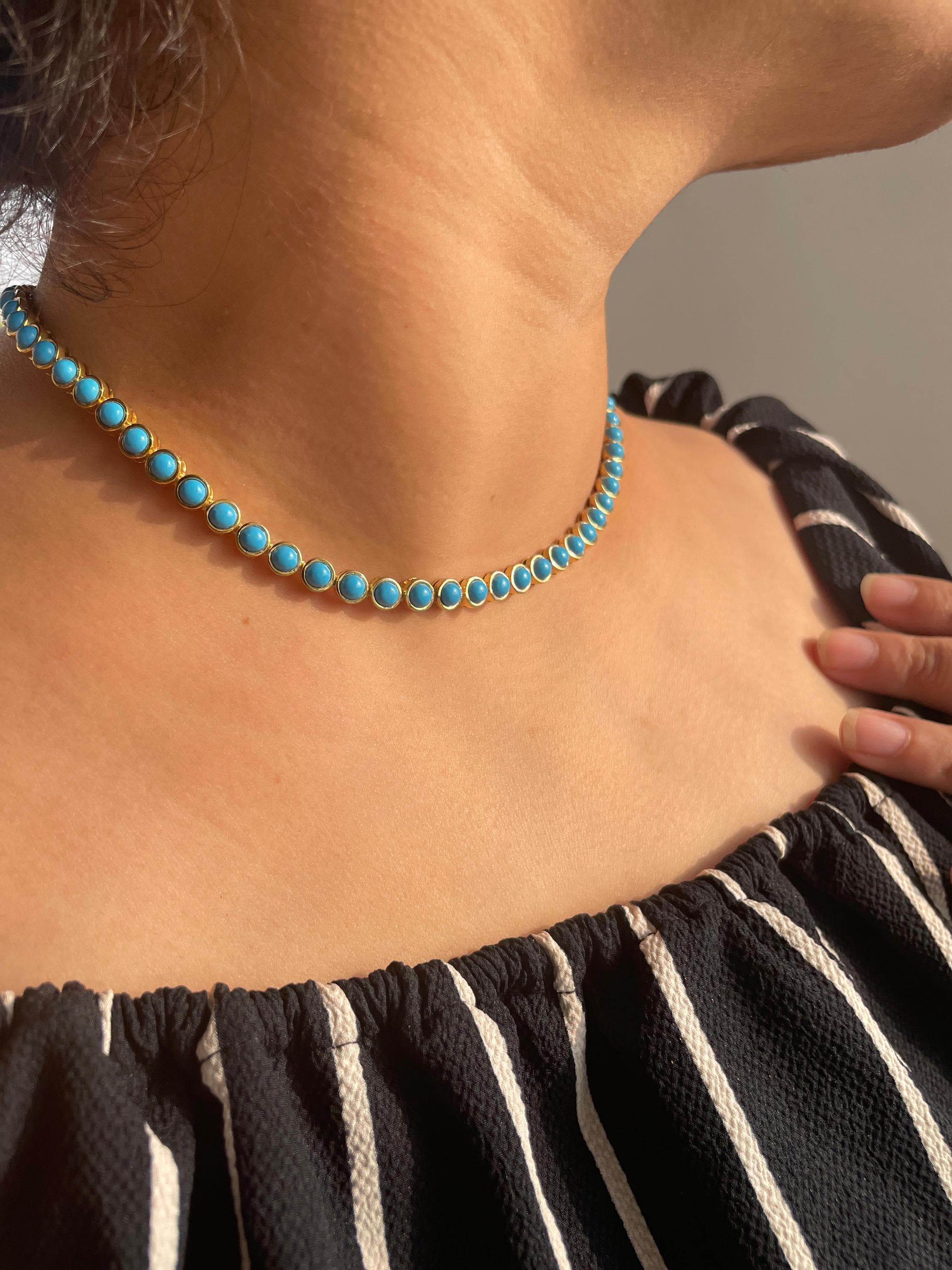 Gold Turquoise Tennis Necklace 925 Sterling Silver Handmade Jewelry , 4mm Round Turquoise Necklace , Perfect Gift for Wedding Anniversary