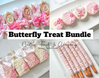 May include: A Butterfly Treat Bundle with various gourmet chocolate treats. The image shows pink and white chocolate-covered treats, including cake pops, cookies, and pretzel rods, decorated with bows, butterflies, and sprinkles. The text "Butterfly Treat Bundle" is displayed.