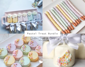May include: Pastel-colored chocolate treats, including pretzel sticks, cake pops, cookies, and popsicles, all decorated with colorful sprinkles. The treats are arranged on white plates and trays. The image includes the text "Pastel Treat Bundle" and "Custom Treats & Company Gourmet Chocolate Treats".