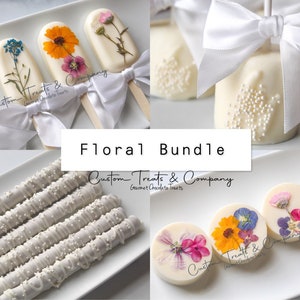 Puede incluir: Un paquete floral de delicias de chocolate gourmet de Custom Treats & Company. El paquete incluye pretzels cubiertos de chocolate, fresas cubiertas de chocolate y rondas de chocolate con flores prensadas.