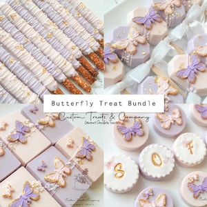 May include: A collection of gourmet chocolate treats, including pretzel rods, cake pops, and cookies, decorated with butterfly designs. The treats are in shades of purple, white, and gold. The text "Butterfly Treat Bundle" and "Custom Treats & Company" are visible.