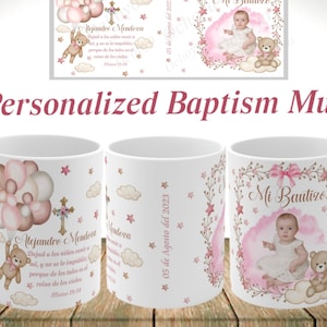 Baptism personalized mugs. Cute Baptism Mugs in Pink, Spanish or English baptism mugs, Tazas de Recuerdo de Bautizo