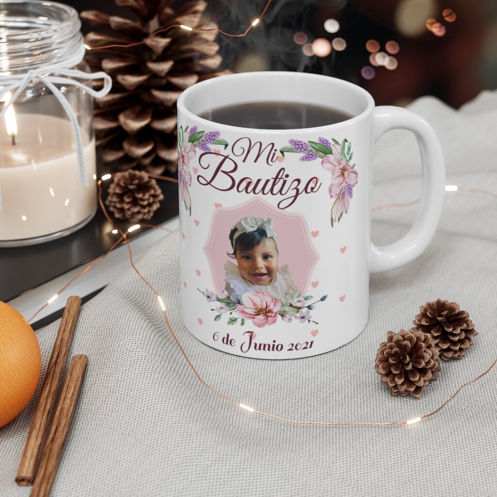 Baptism personalized mugs. Cute floral Spanish or English Etsy