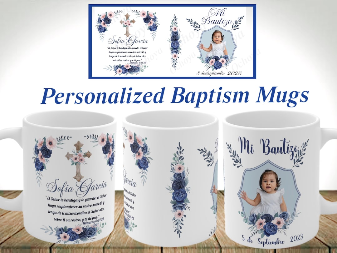 Baptism Personalized Mugs. Cute Blue Floral Spanish or English Baptism