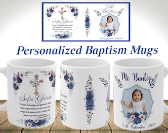 Baptism personalized mugs. Cute blue floral Spanish or English baptism mugs. Insert name date and picture