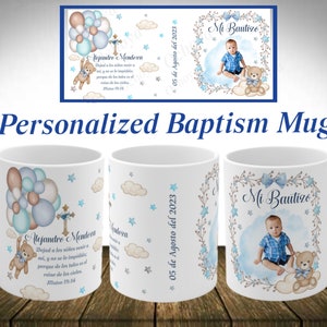 Baptism personalized mugs. Cute teddy Bear with balloons Spanish or English baptism mugs. Insert name date and picture