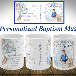 Baptism personalized mugs. Cute teddy Bear with balloons Spanish or English baptism mugs. Insert name date and picture image 1