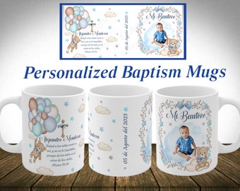 Baptism personalized mugs. Cute teddy Bear with balloons Spanish or English baptism mugs. Insert name date and picture