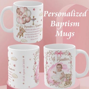 Baptism personalized mugs. Cute Baptism Mugs, Tazas de Recuerdo personalizadas de  blautizo de Niña