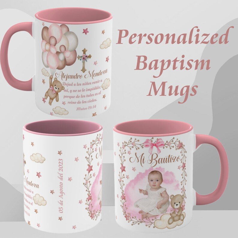 Baptism Personalized Mugs. Cute Baptism Mugs in Pink, Spanish or