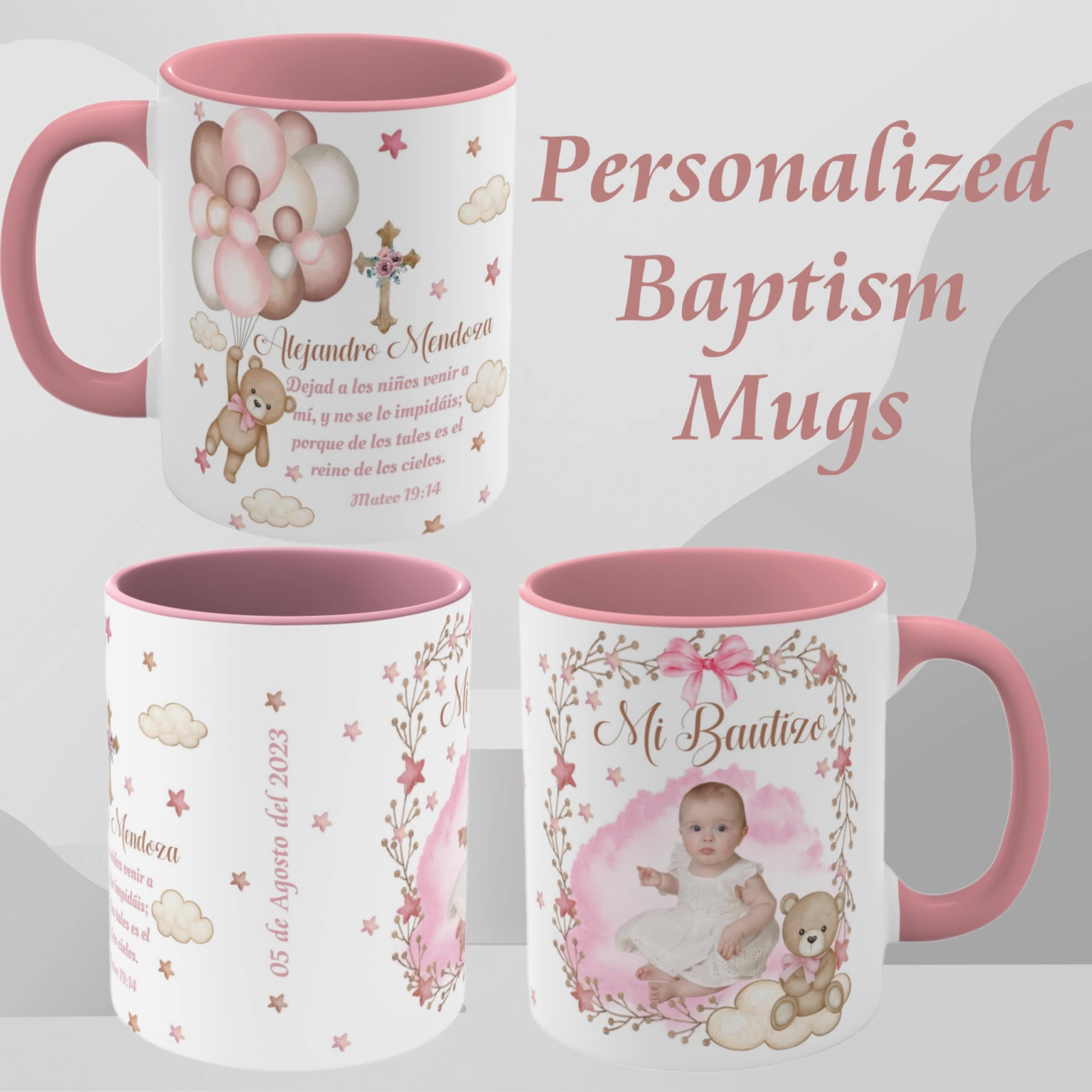 Baptism Personalized Mugs. Cute Baptism Mugs in Pink, Spanish or