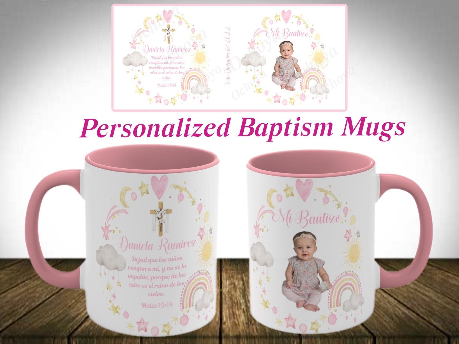 Baptism Personalized Mugs. Cute Baptism Mugs in Pink, Spanish or