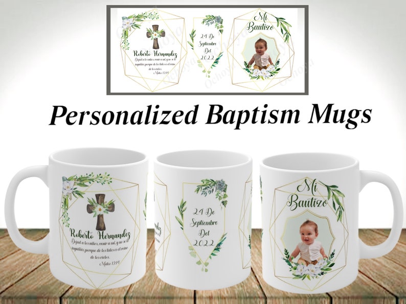 Baptism Personalized Mugs. Cute Floral Spanish or English Baptism Mugs