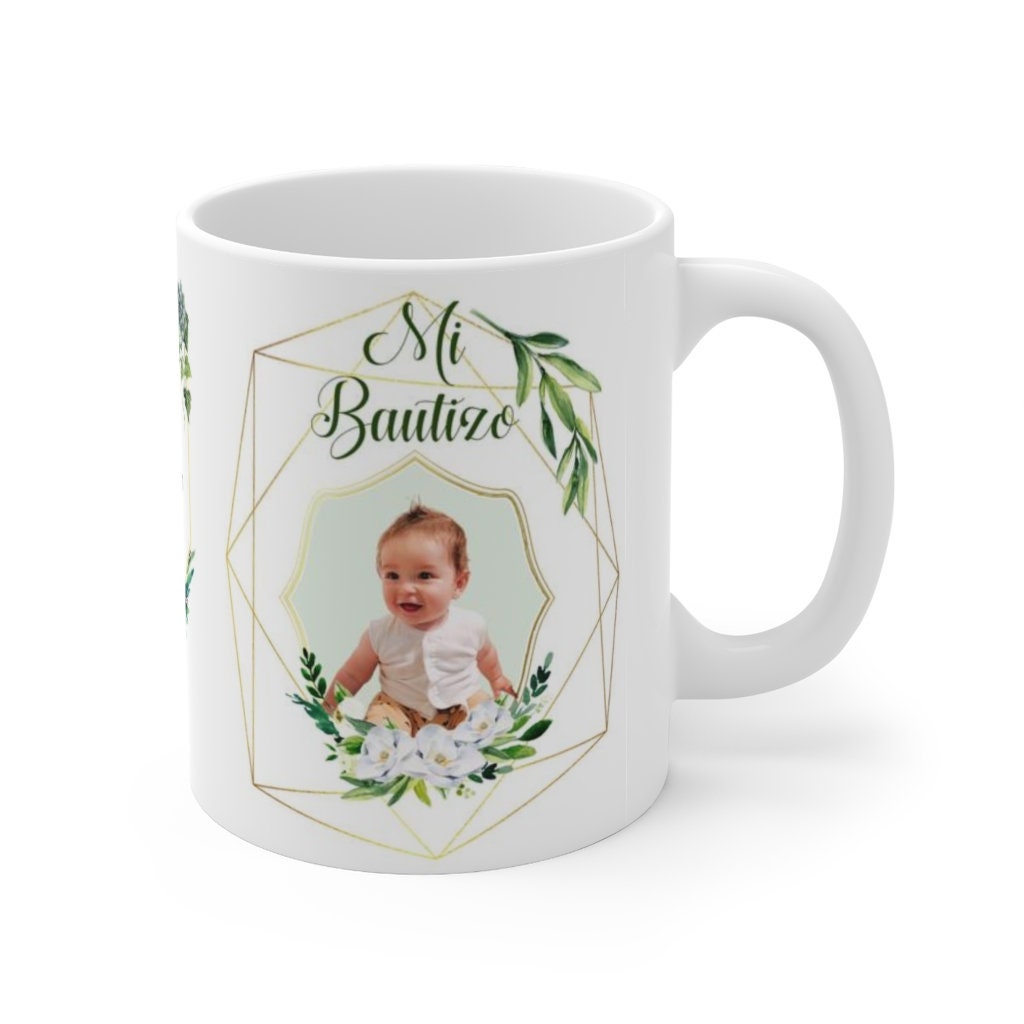 Baptism Personalized Mugs. Cute Floral Spanish or English Baptism Mugs