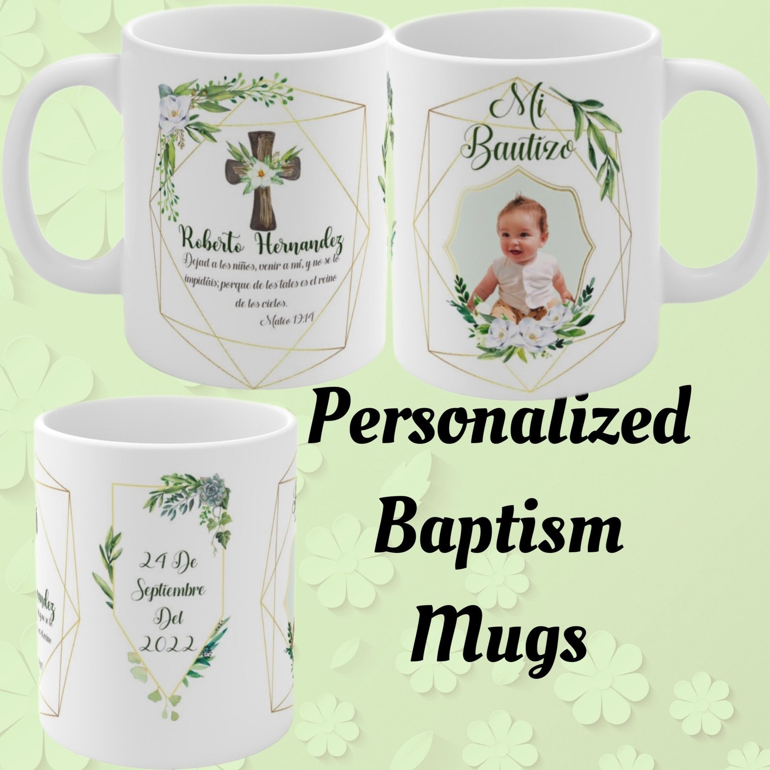 Baptism Personalized Mugs. Cute Floral Spanish or English Baptism Mugs