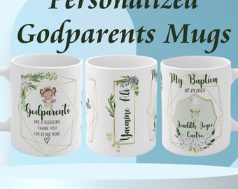 Baptism personalized mugs. Godparents Gift, Godmother Mug Gift, Godfather Mug Gift,  Cute greenery godparent gift