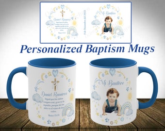 Baptism personalized mugs. Cute Boy Baptism Mugs, Tazas de Recuerdo personalizadas de  bautizo de Niño.