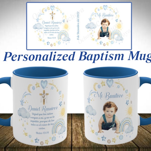 Baptism personalized mugs. Cute Boy Baptism Mugs, Tazas de Recuerdo personalizadas de  bautizo de Niño.