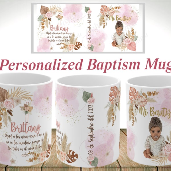 Baptism Boho personalized mugs. Boho floral Spanish or English baptism mugs. Insert name date and picture, Tazas de Bautizo personalizadas