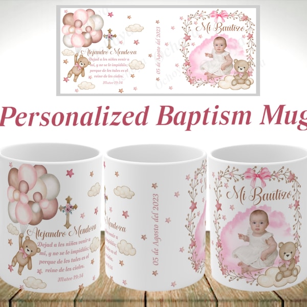 Baptism personalized mugs. Cute Baptism Mugs in Pink, Spanish or English baptism mugs, Tazas de Recuerdo de Bautizo