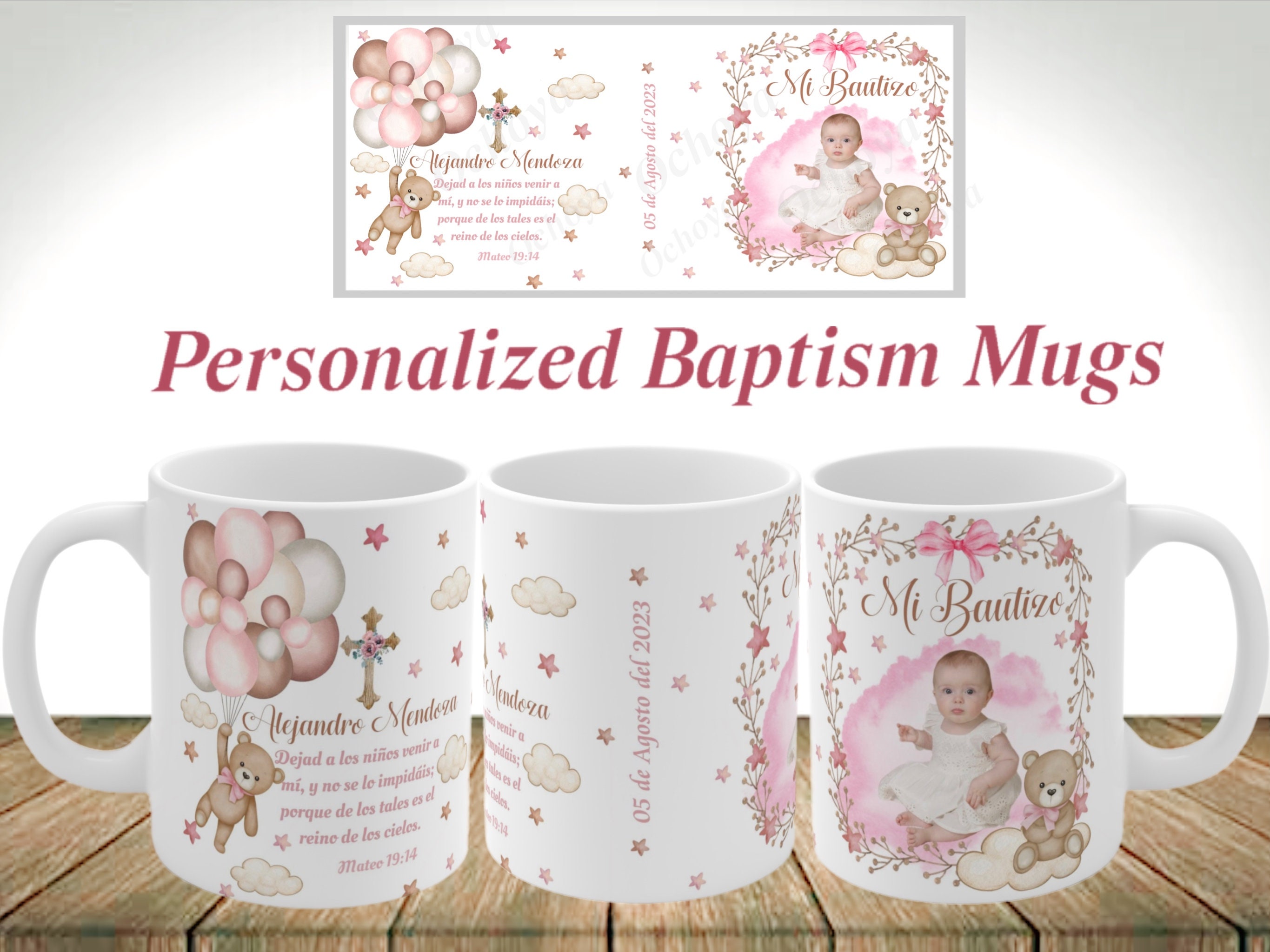 Recuerdos para Bautizo de niño con foto personalizada, Recuerdo de bautizo,  Mi Bautizo, Set 12 tazas personalizadas con 12 tarjetas de agradecimiento