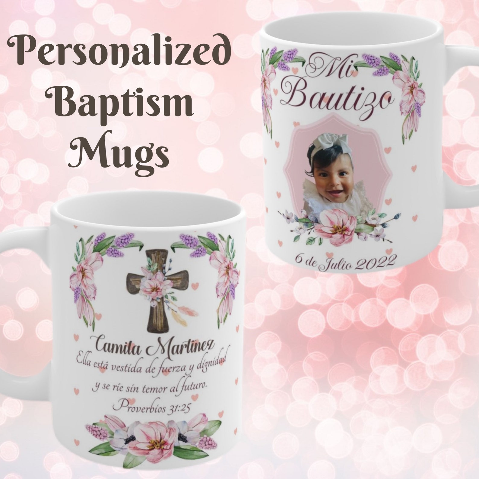 Baptism Personalized Mugs. Cute Floral Spanish or English Baptism Mugs