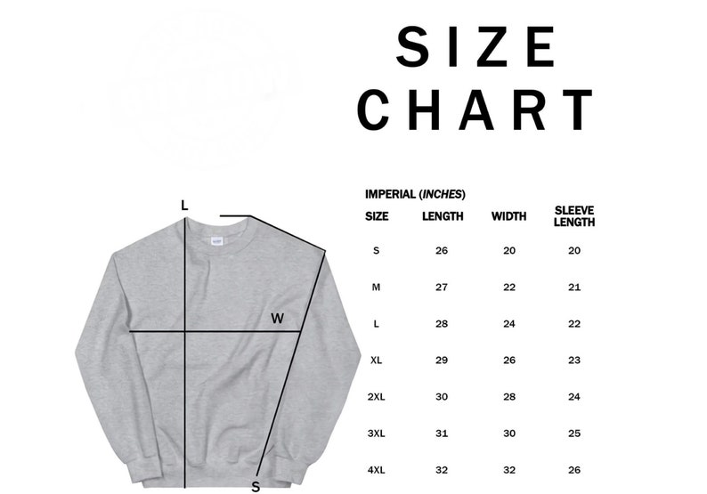 Op de afbeelding: Maattabel voor een sweatshirt in inches. De tabel toont de lengte, breedte en mouwlengte voor maten S tot en met 4XL.