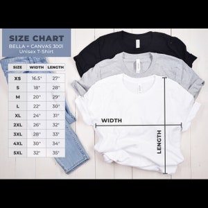 Op de afbeelding: Maattabel voor Bella + Canvas 3001 unisex T-shirts. De tabel toont de breedte- en lengtemaat in inches voor maten XS tot 5XL.