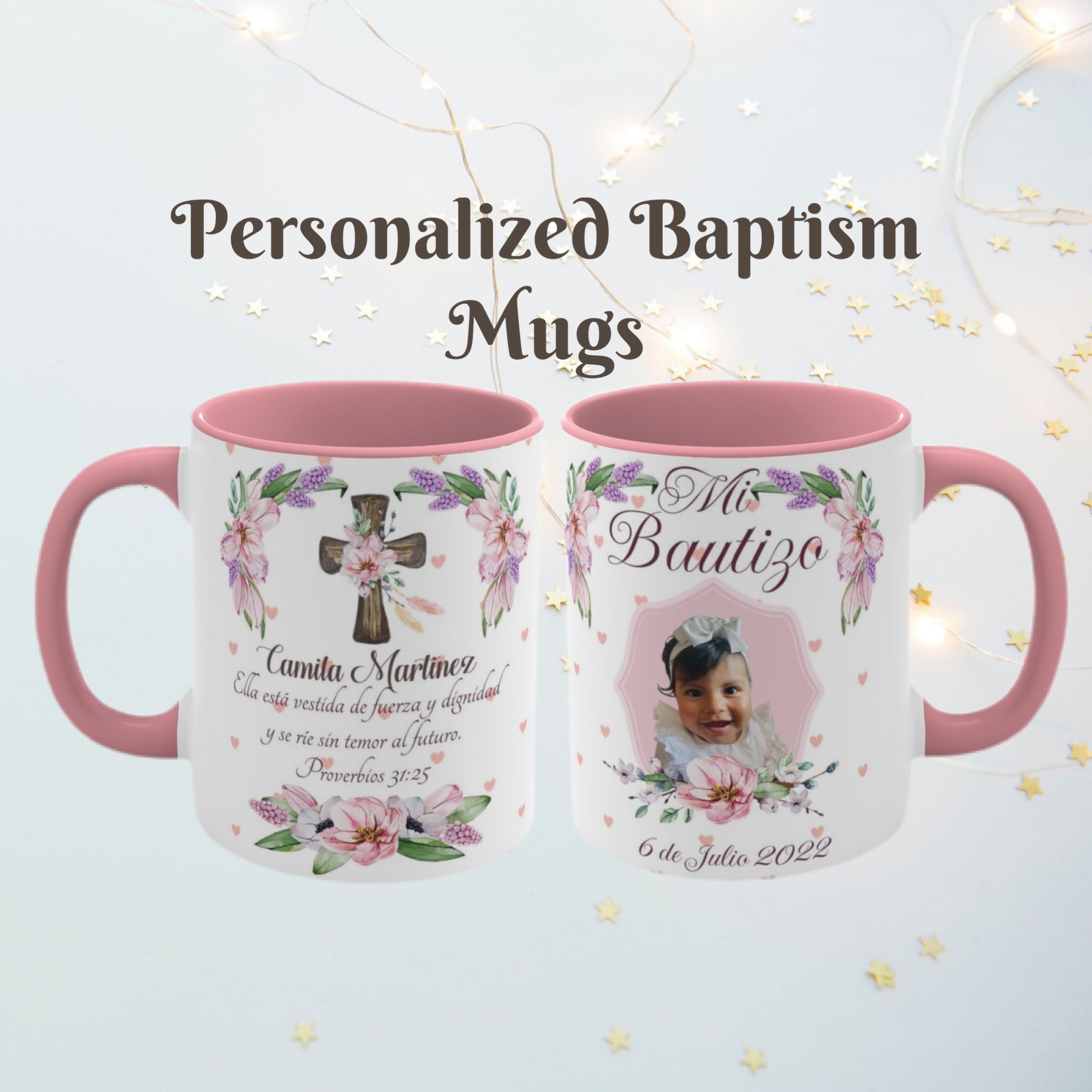 Baptism Personalized Mugs. Cute Floral Spanish or English Baptism Mugs