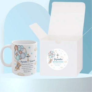 Baptism personalized mugs. Cute teddy Bear with balloons Spanish or English baptism mugs. Insert name date and picture image 2