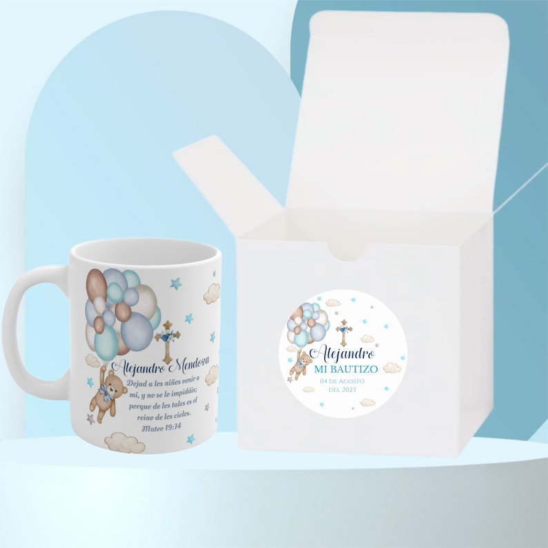 Baptism personalized mugs. Cute teddy Bear with balloons Spanish or English baptism mugs. Insert name date and picture image 2