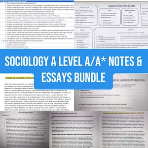 May include: A colorful poster with the title "Sociology A Level A/A* Notes & Essays Bundle" in large, bold letters. The poster features a variety of text and images related to sociology, including a section on strain theory and a section on the usefulness of strain theory in understanding crime.