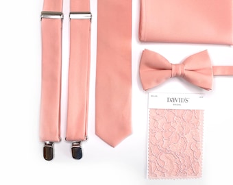 Peach Tie Mens Tie Pale Peach Stripes Skinny Necktie With Matching Pocket Squrae