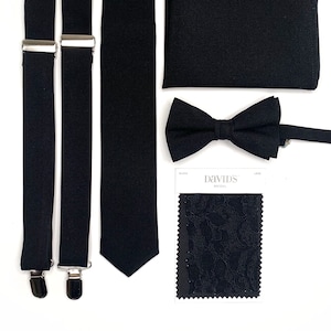 BLACK NeckTie / Solid Matte Black tie / Bow Tie / Suspenders / Pocket Square / Kids necktie / Kids bow tie