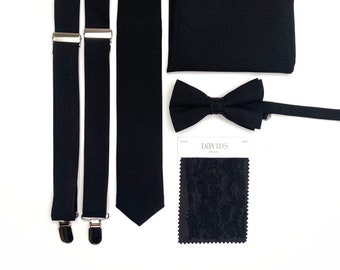 BLACK NeckTie / Solid Matte Black tie / Bow Tie / Suspenders / Pocket Square / Kids necktie / Kids bow tie