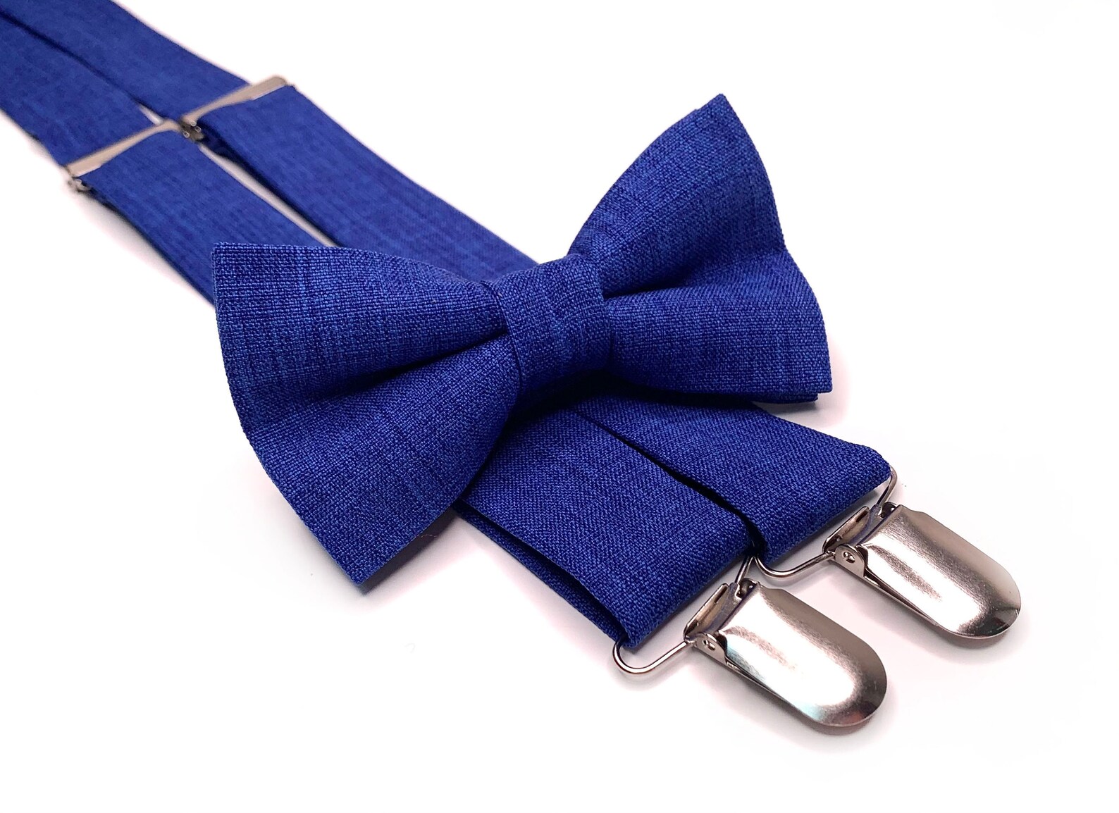 cobalt blue bow tie and suspenders