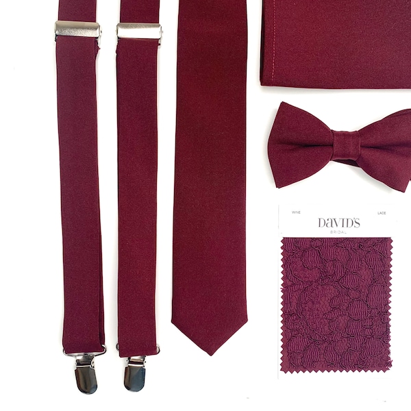 Wine Bow Tie /Burgundy Solid Necktie / Bow Tie / Suspenders / Pocket Square / Kids necktie / Kids bow tie