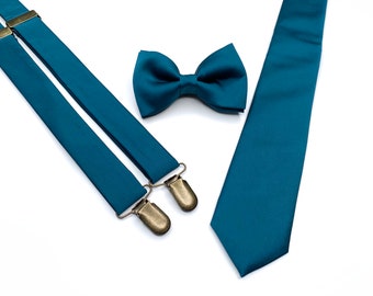 SILK Peacock Blue Necktie / Teal Blue Solid Tie Bow Tie / Suspender / Pocket square / Kids Tie / Face Mask
