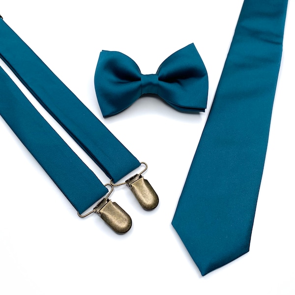 SILK Peacock Blue Necktie / Teal Blue Solid Tie Bow Tie / Suspender / Pocket square / Kids Tie / Face Mask