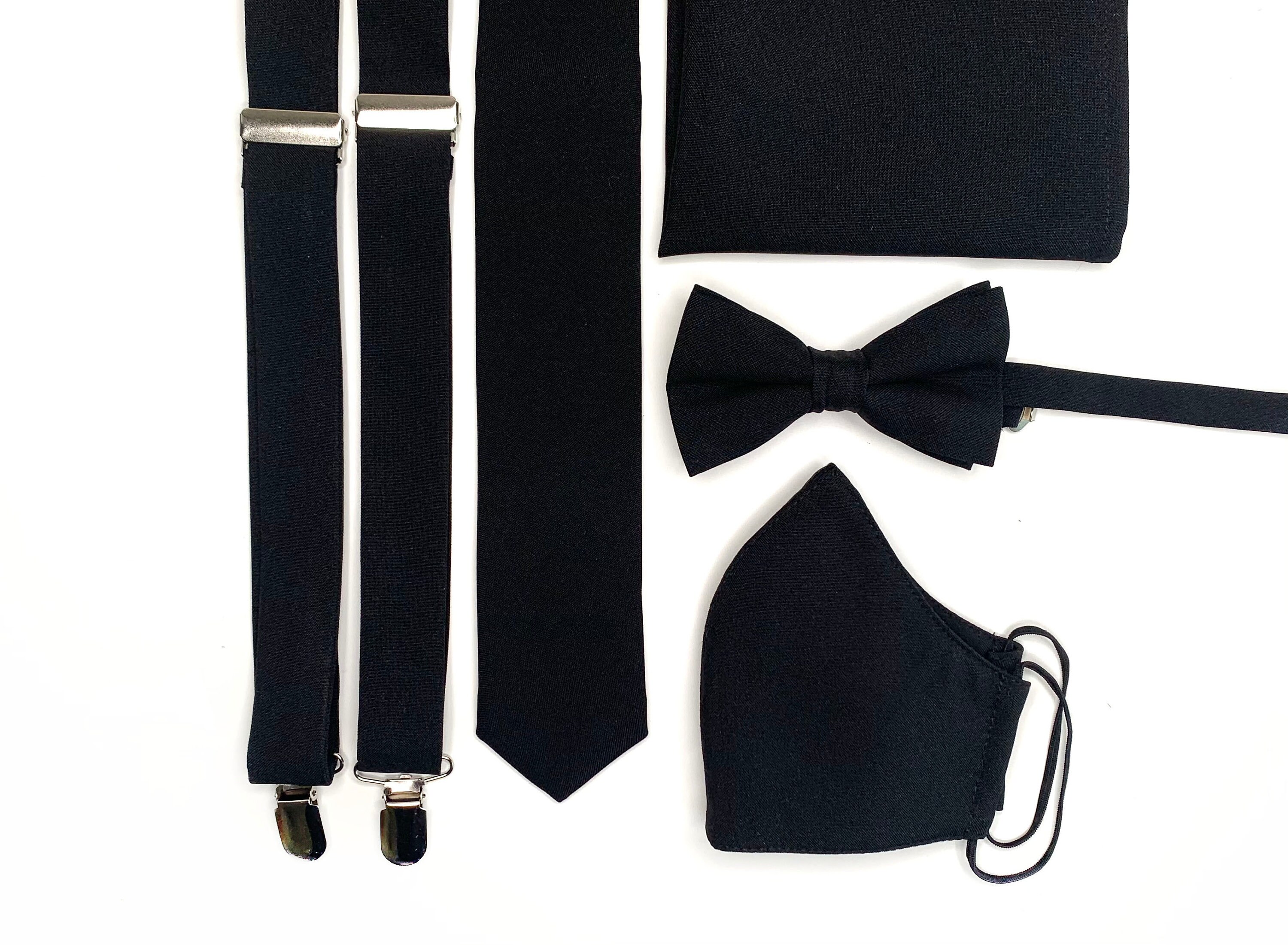 BLACK Tie / Solid Matte Black Necktie / Bow Tie / Suspenders / Pocket