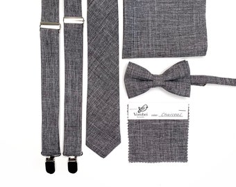 Corbata gris carbón / Corbata gris oscuro lisa / Pajarita / Tirantes / Pañuelo de bolsillo / Corbata para niños / Pajarita para niños / Corbatas para padrinos de boda