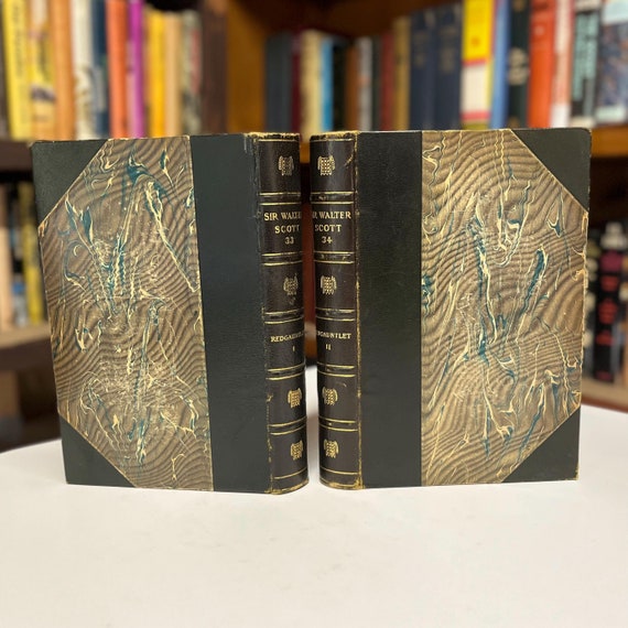RedGauntlet by Sir Walter Scott 1913 Waverley Novels Two Volume Leather Bound Illustrated Caledonian Edition Hardcover Book Set