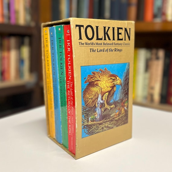 J.R.R. Tolkien The Lord of the Rings Trilogy with The Hobbit Vintage Paperback Box Set 1983-85 Editions in Original Slipcase