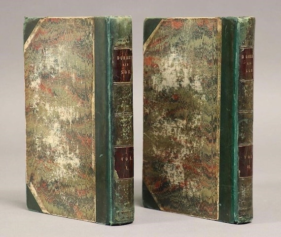 Charles Dickens 1848 Dombey and Son First One Volume Edition Rebound in Two Antiquarian Calf Leather Hardcover Books Illustrated by Phiz